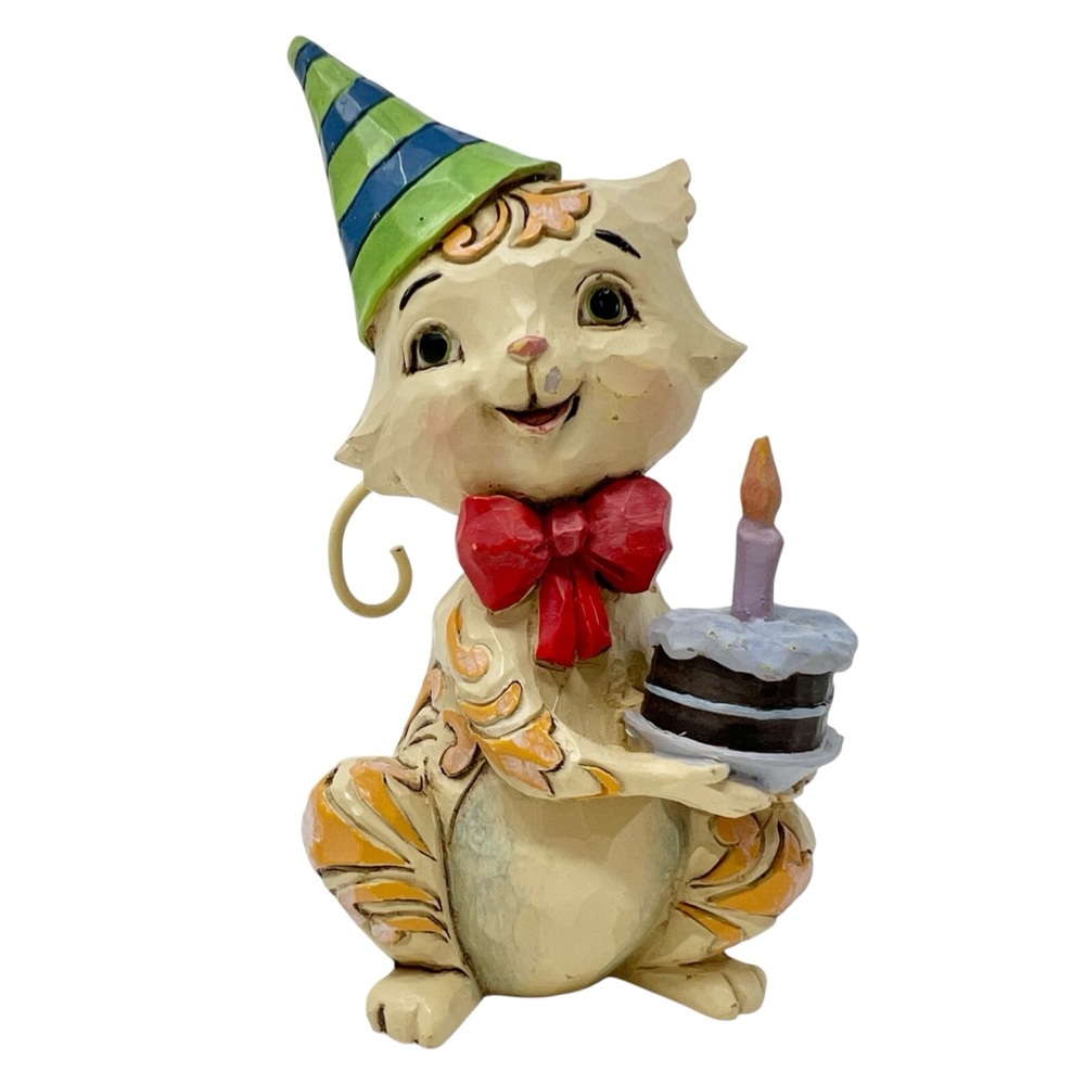 Jim Shore Birthday Cat Figurine with Celebration Cake Carved Accent Decor